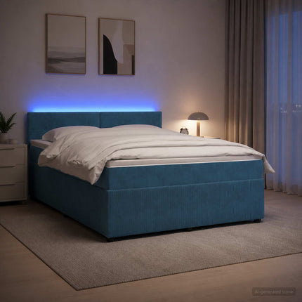 Boxmadras med topmadras med hovedgærde Blå 140 x 190 cm Fløjl