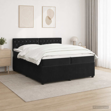 Boxmadras med topmadras med hovedgærde Sort 200 x 200 cm Fløjl