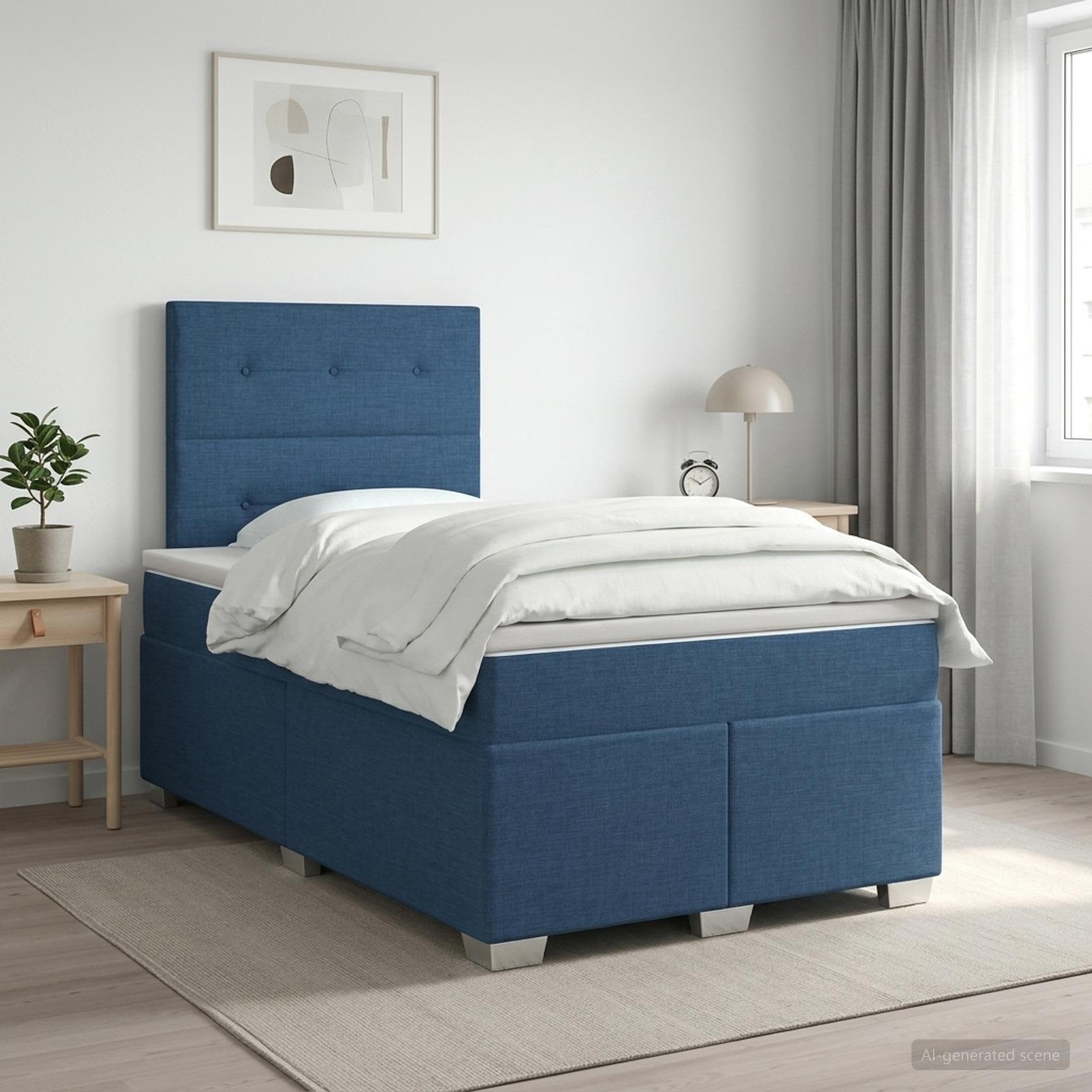 Boxmadras med topmadras med hovedgrde Bl 120 x 190 cm Stof