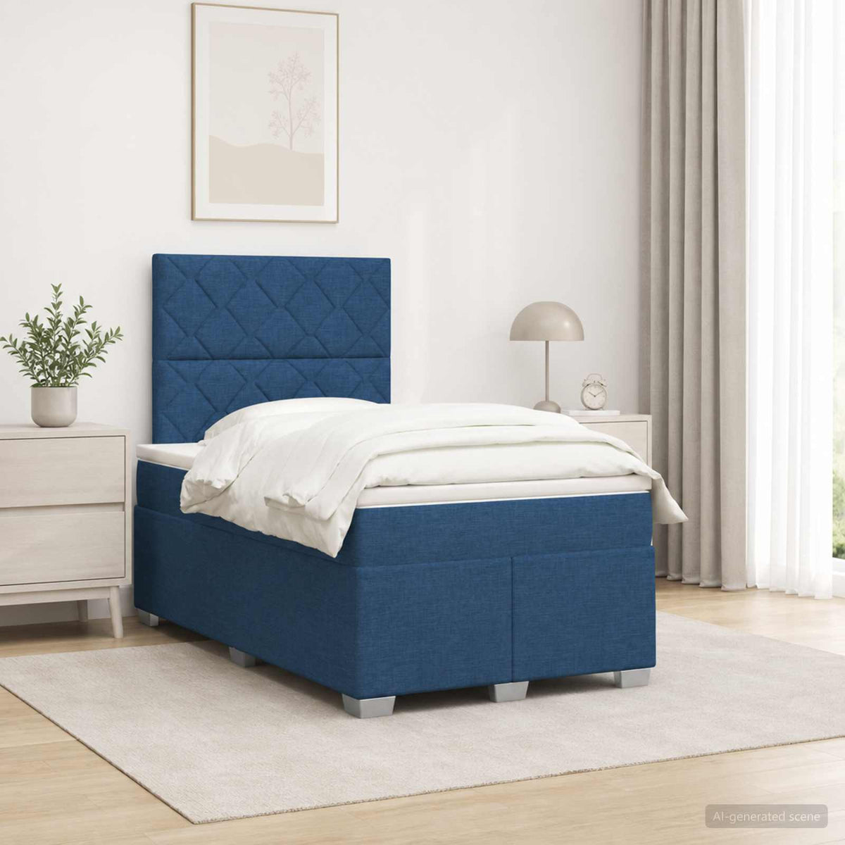 Boxmadras med topmadras med hovedgrde Bl 120 x 190 cm Stof