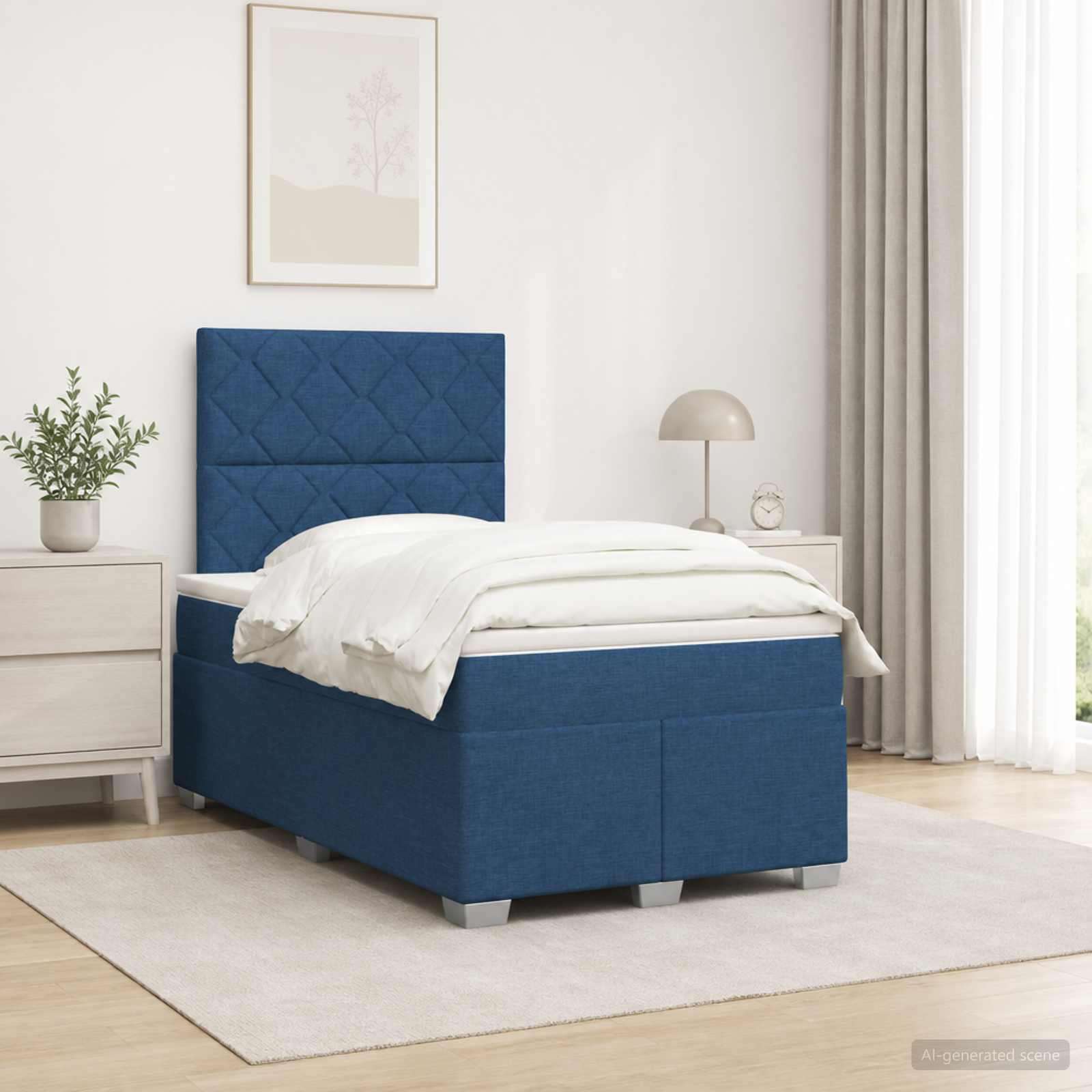 Boxmadras med topmadras med hovedgrde Bl 120 x 200 cm Stof