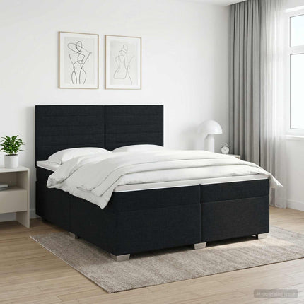 Boxmadras med topmadras med hovedgærde Sort 200 x 200 cm Stof