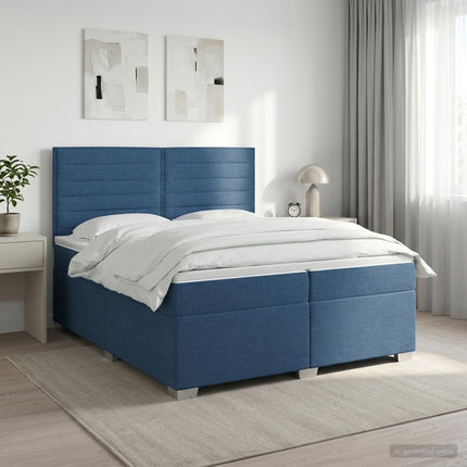 Boxmadras med topmadras med hovedgærde Blå 200 x 200 cm Stof