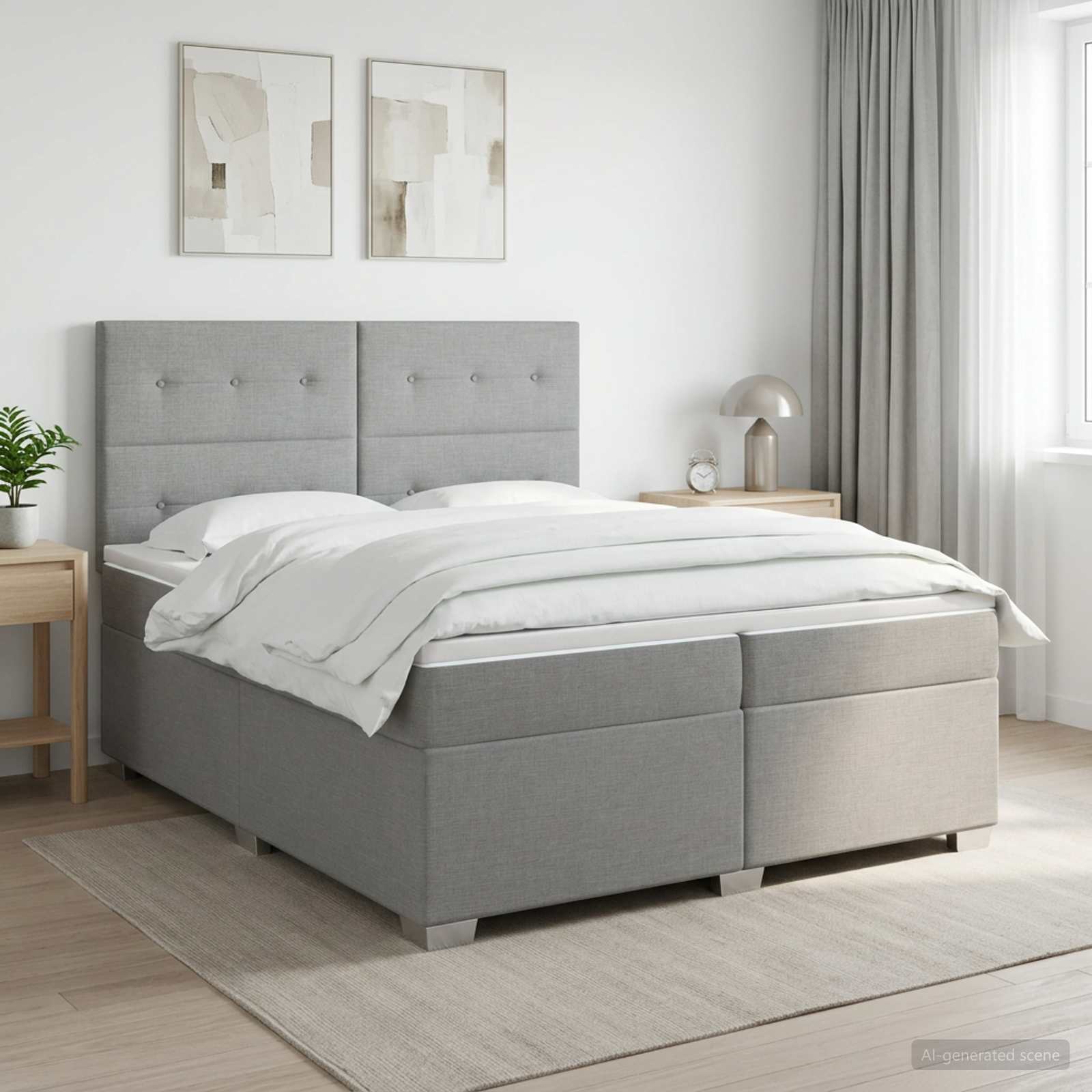 Boxmadras med topmadras Lysegr 200 x 200 cm Stof