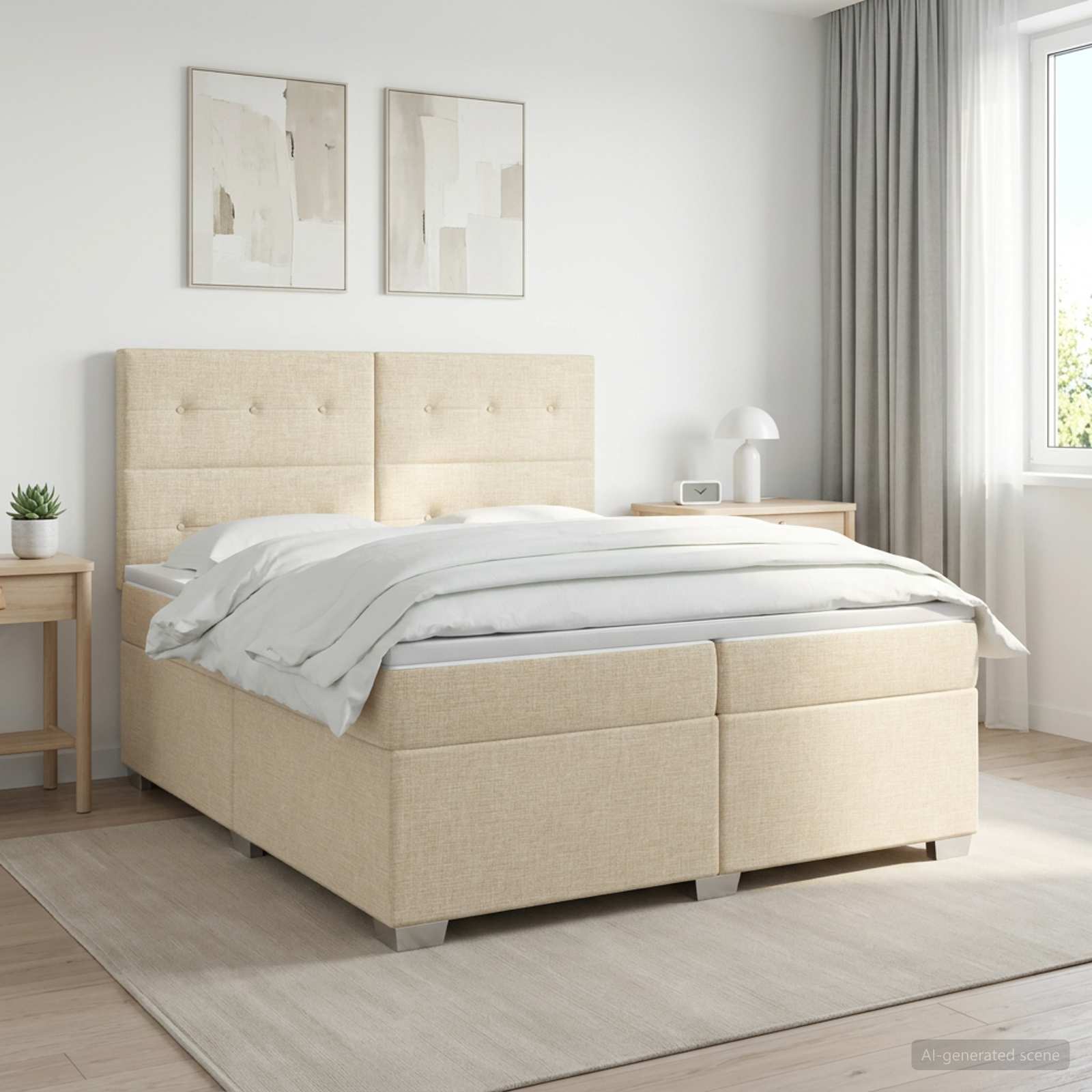 Seng med madras og topmadras 200 x 200 cm cremefarvet stof