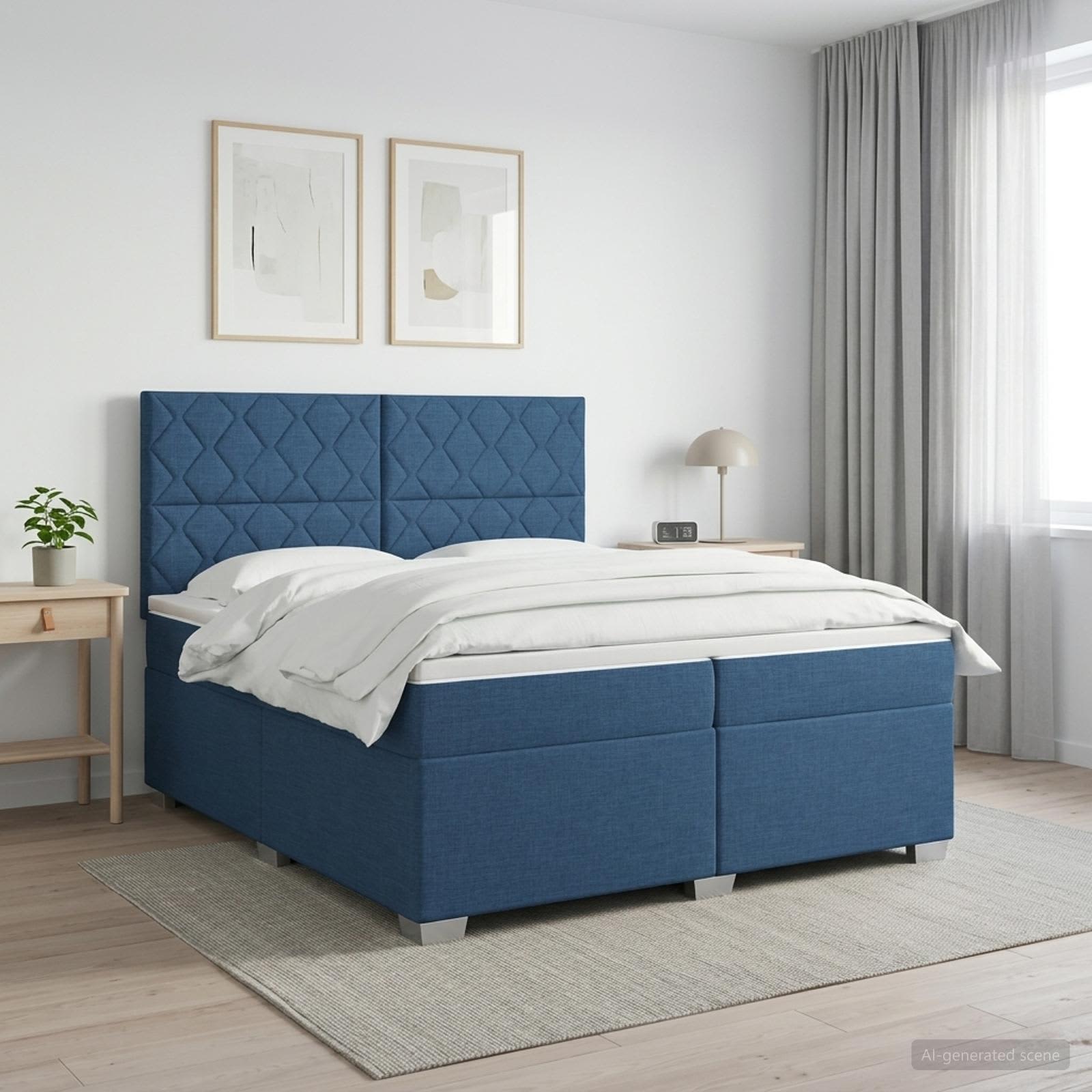 Boxmadras med topmadras med hovedgrde Bl 200 x 200 cm Stof