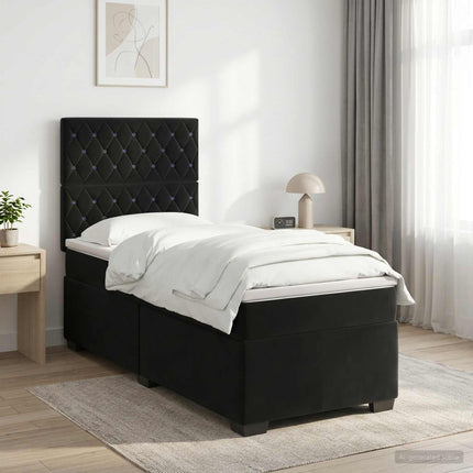 Boxmadras med topmadras med hovedgærde Sort 90 x 200 cm Fløjl
