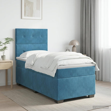 Boxmadras med topmadras med hovedgærde Blå 90 x 200 cm Fløjl