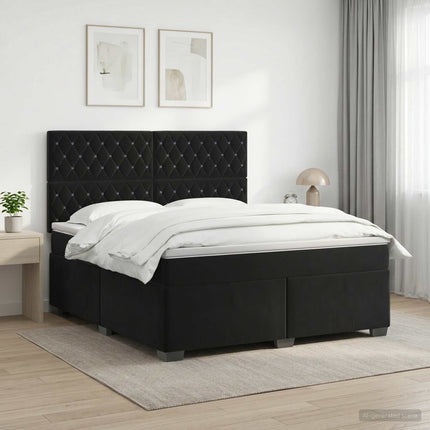 Boxmadras med topmadras med hovedgærde Sort 180 x 200 cm Fløjl