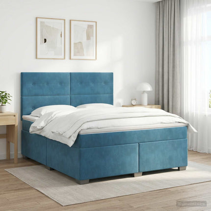 Boxmadras med topmadras med hovedgærde Blå 160 x 200 cm Fløjl