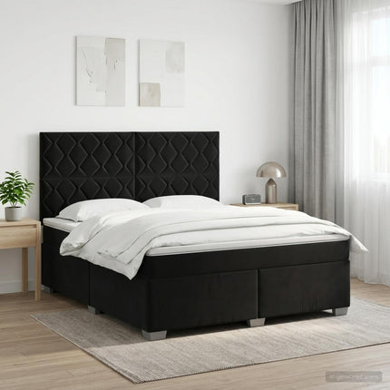 Boxmadras med topmadras med hovedgærde Sort 180 x 200 cm Fløjl