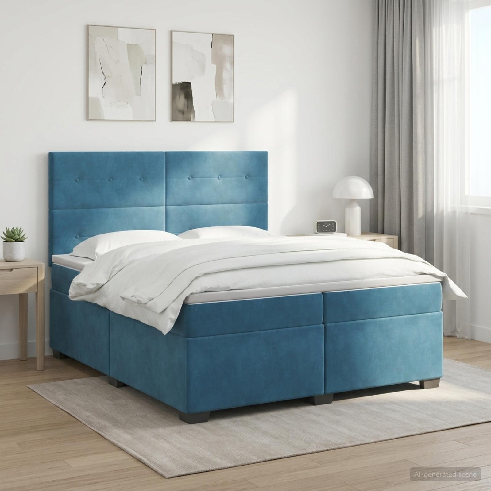 Boxmadras med topmadras med hovedgrde Bl 200 x 200 cm Fljl