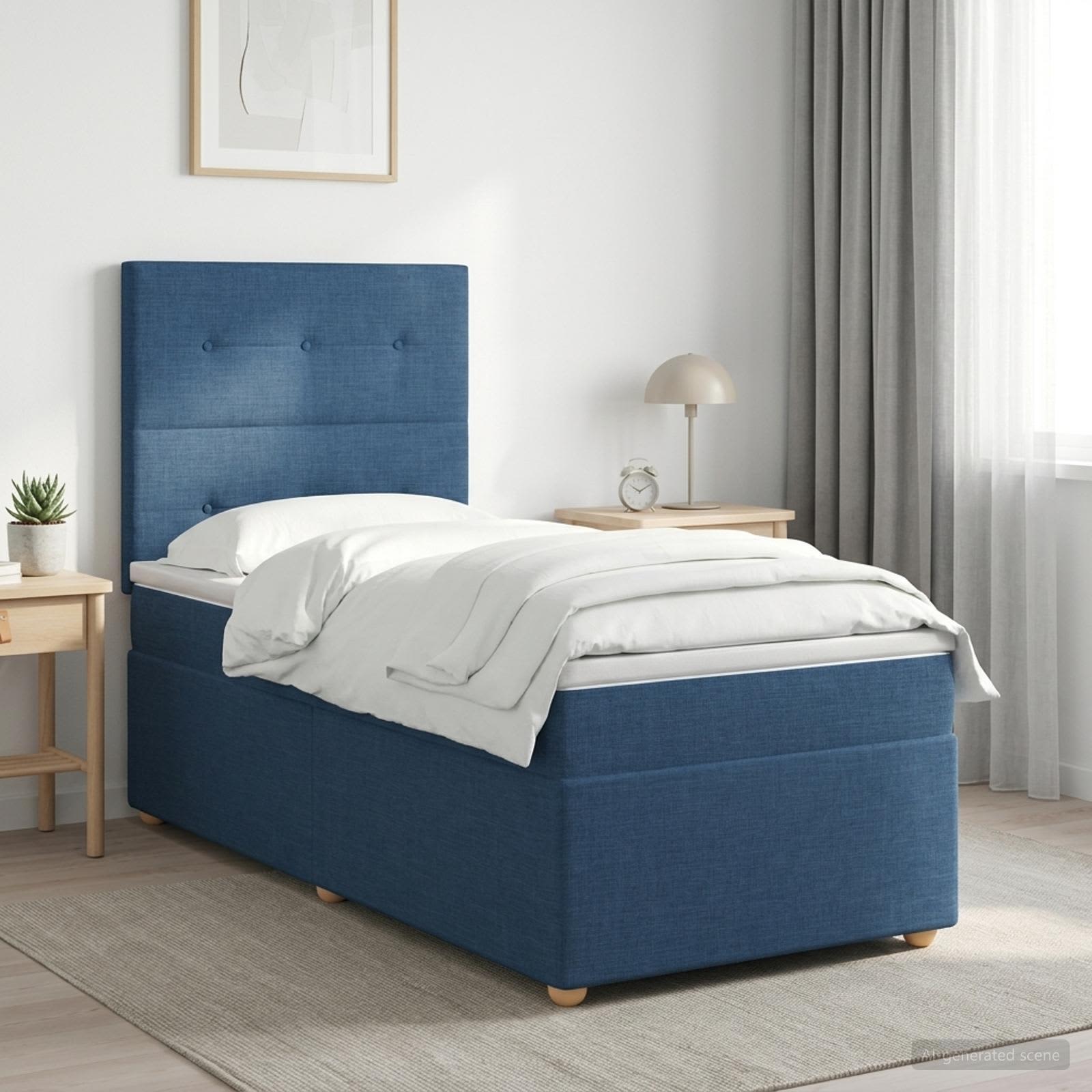 Boxmadras med topmadras med hovedgrde Bl 100 x 200 cm Stof