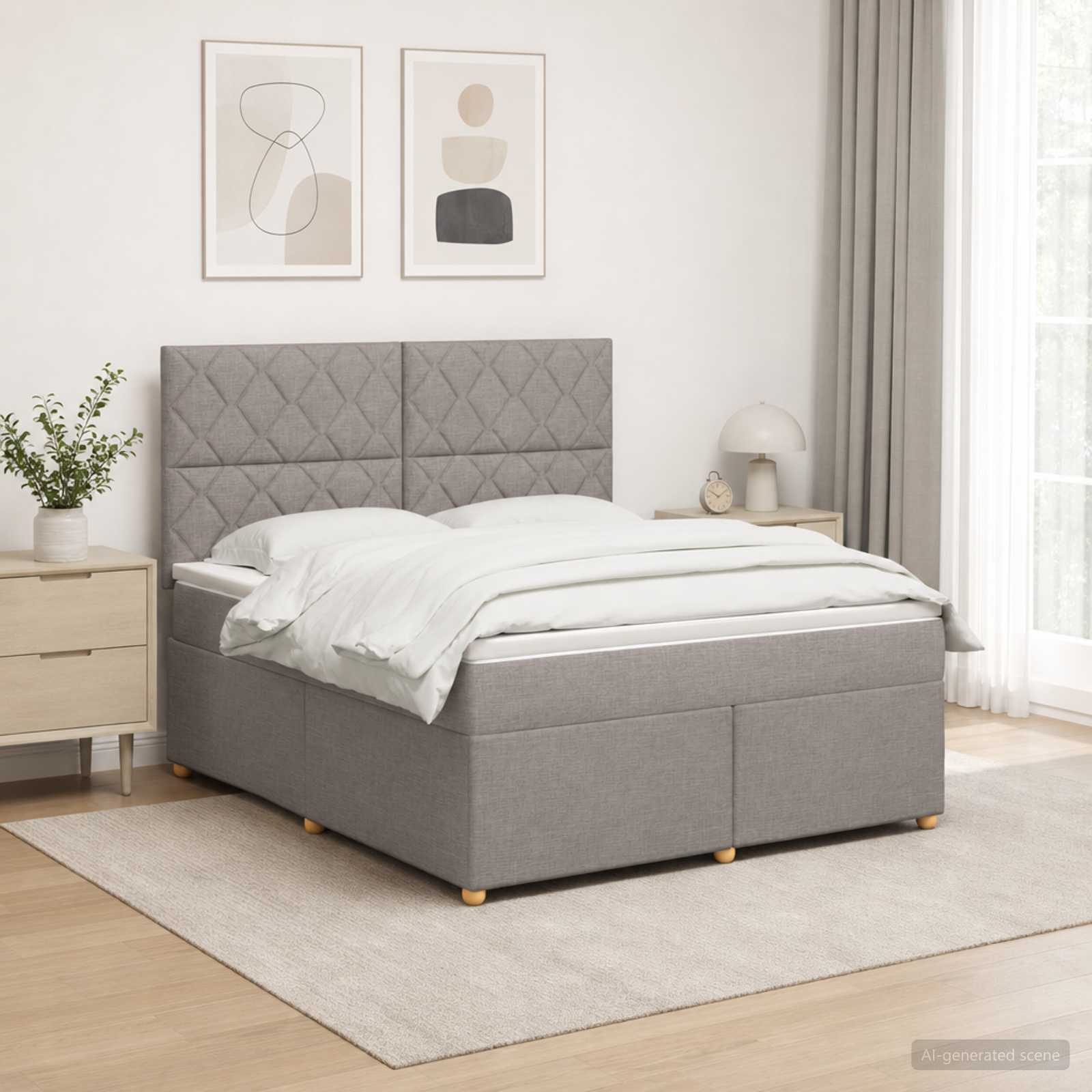 Boksmadras seng 160 x 200 cm med topmadras og justerbar gavl - gråbrun