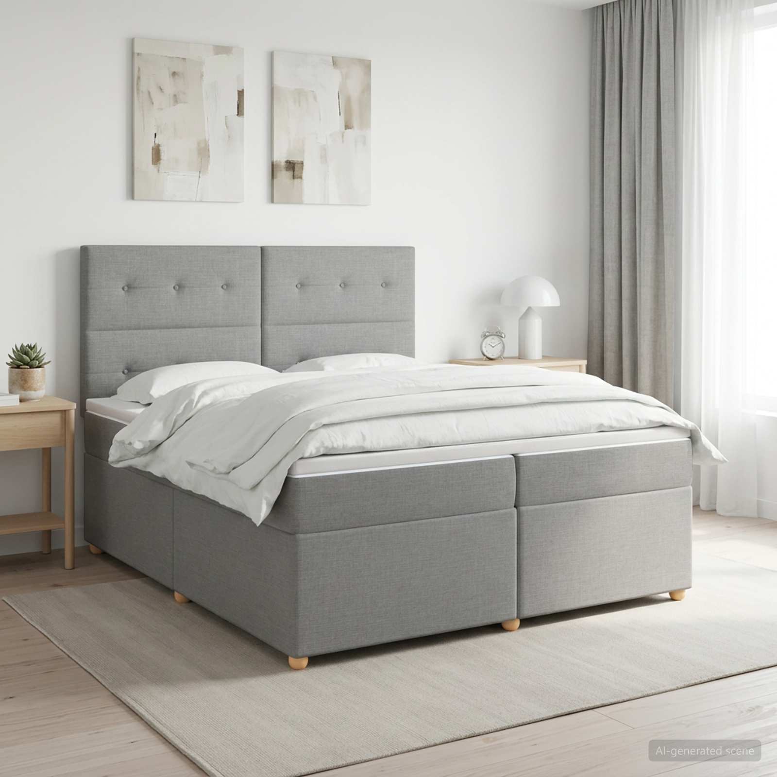 Boxmadras med topmadras Lysegr 200 x 200 cm Stof