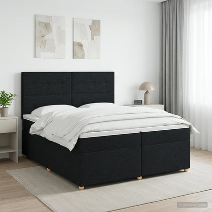 Boxmadras med topmadras med hovedgærde Sort 200 x 200 cm Stof