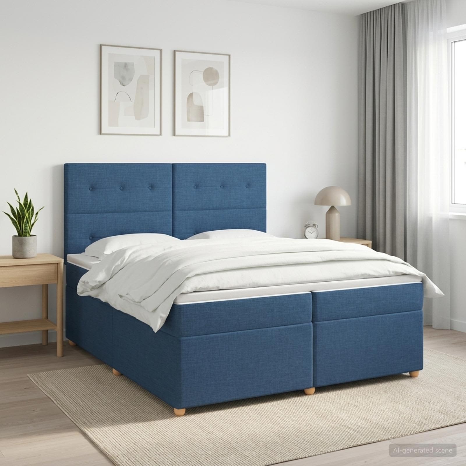Boxmadras med topmadras med hovedgrde Bl 200 x 200 cm Stof