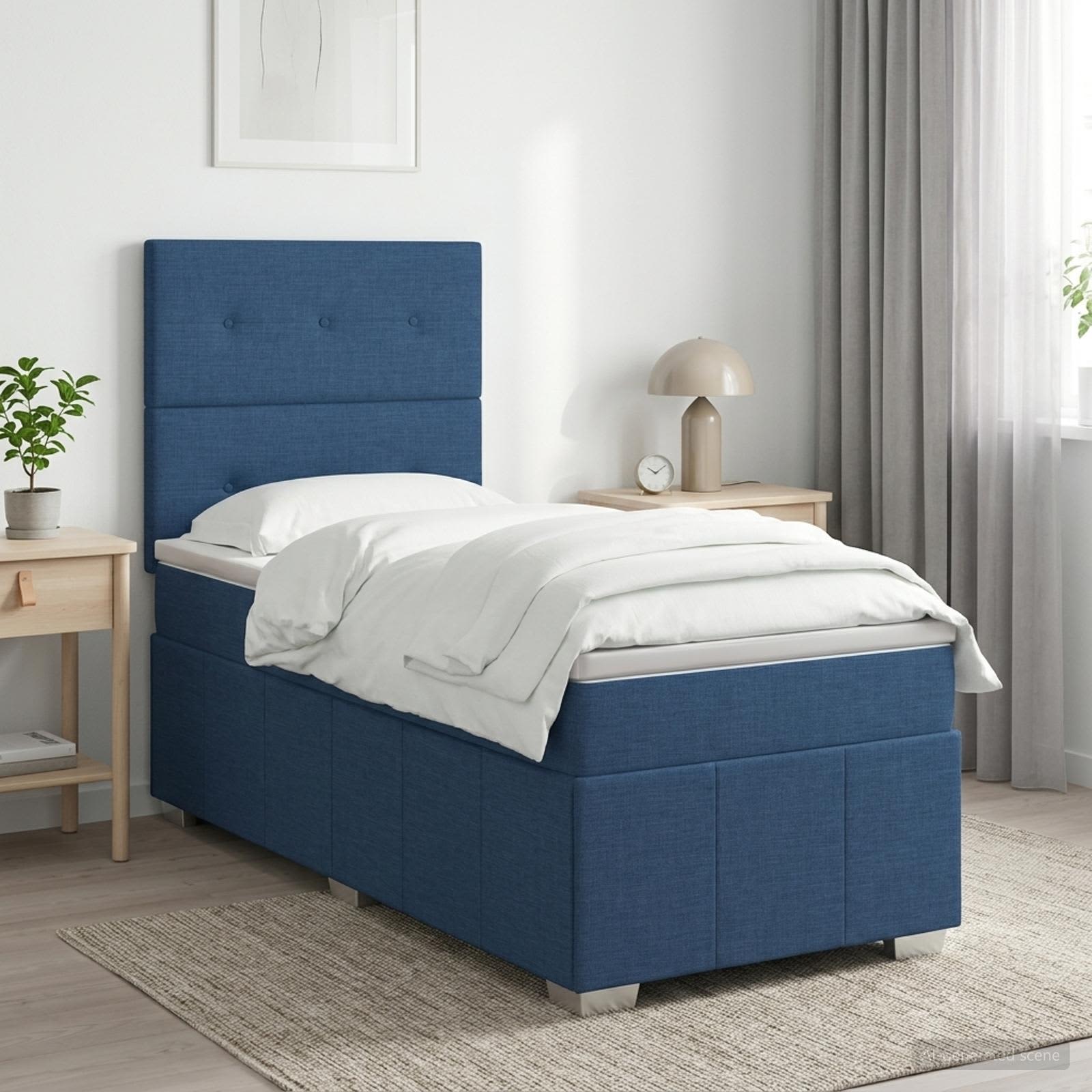 Boxmadras med topmadras med hovedgrde Bl 100 x 200 cm Stof