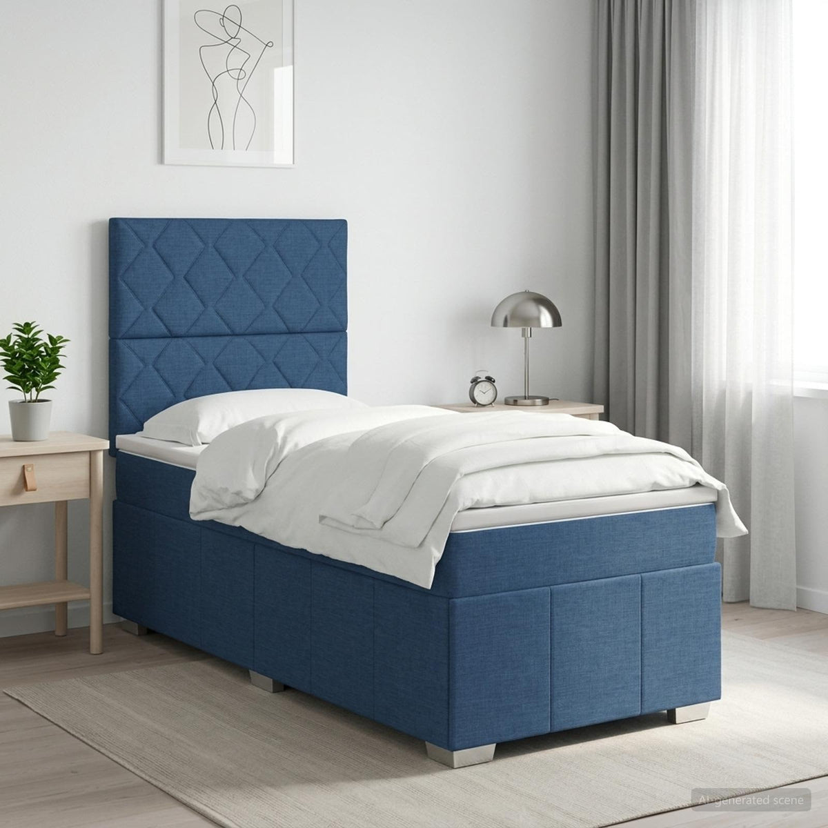 Boxmadras med topmadras med hovedgrde Bl 100 x 200 cm Stof