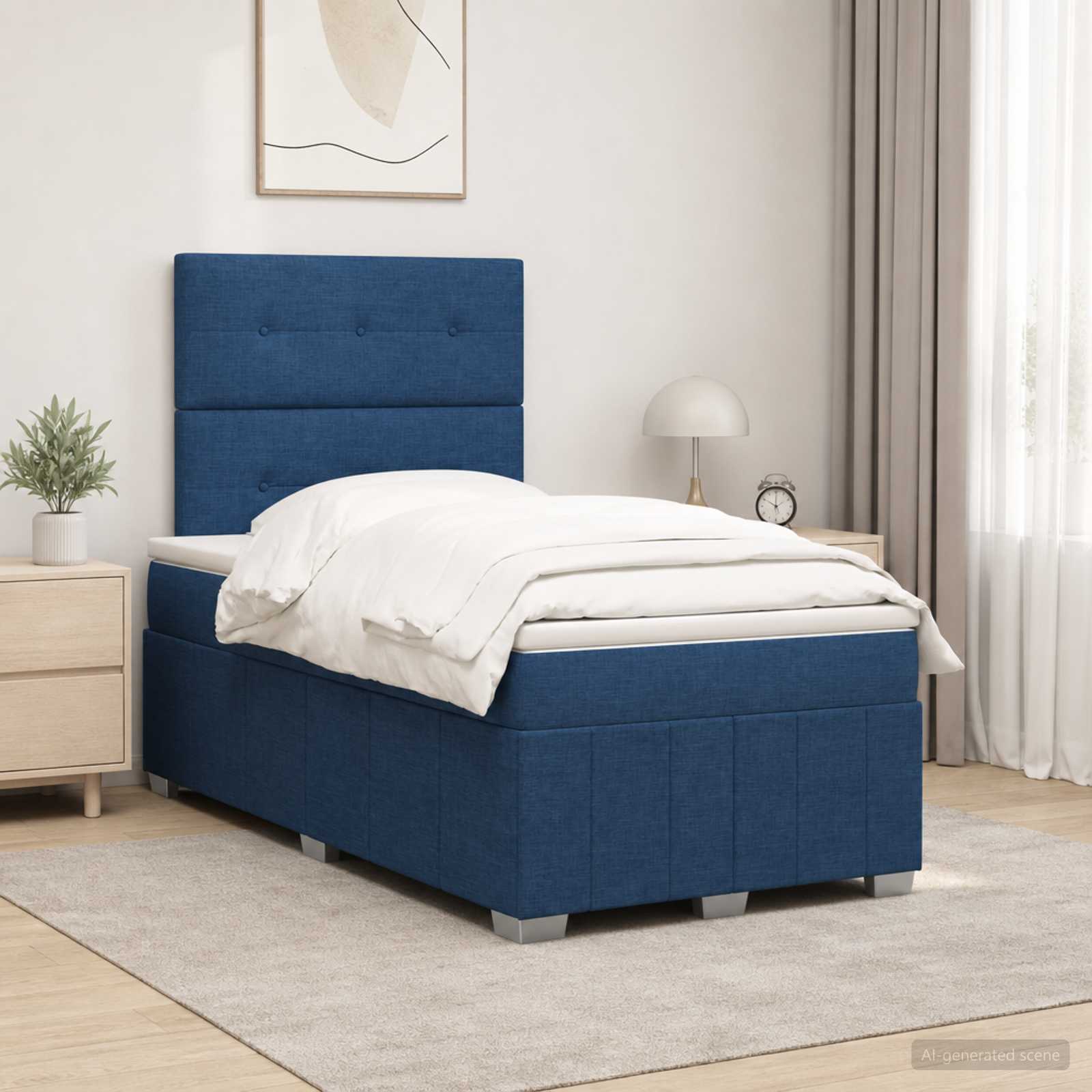 Boxmadras med topmadras med hovedgrde Bl 120 x 200 cm Stof