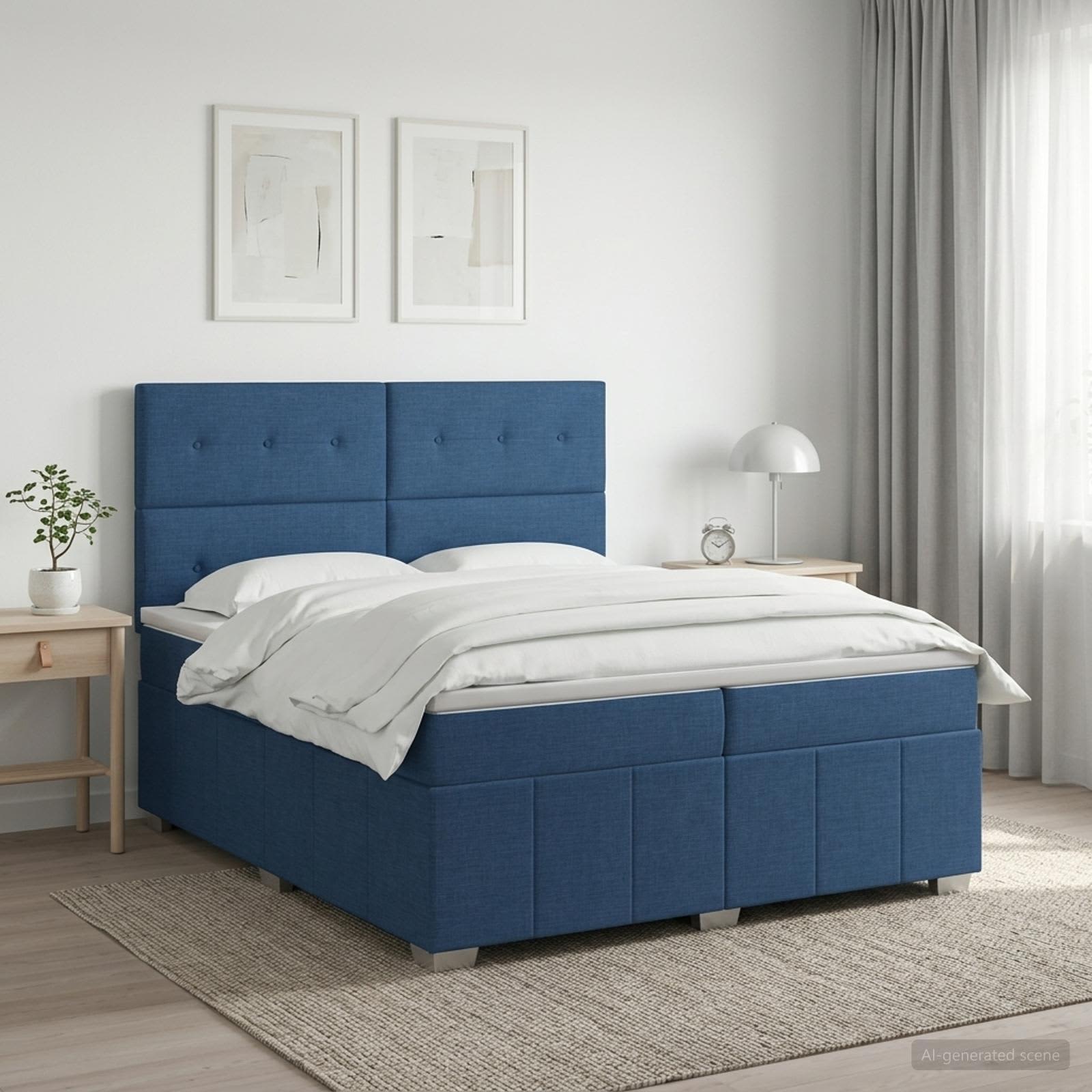 Boxmadras med topmadras med hovedgrde Bl 200 x 200 cm Stof