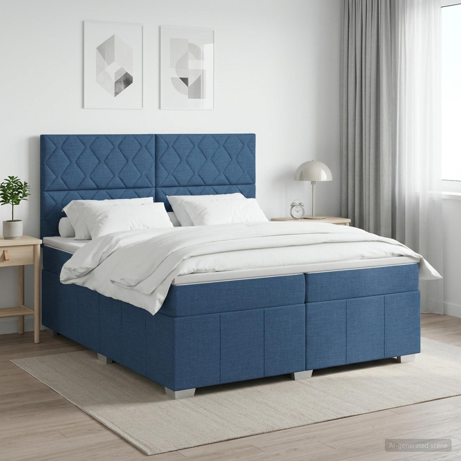 Boxmadras med topmadras med hovedgrde Bl 200 x 200 cm Stof