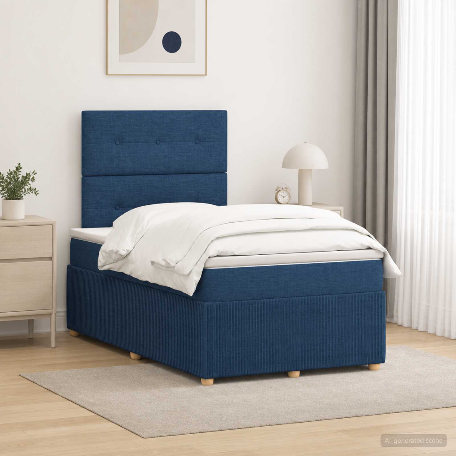 Boxmadras med topmadras med hovedgrde Bl 120 x 200 cm Stof