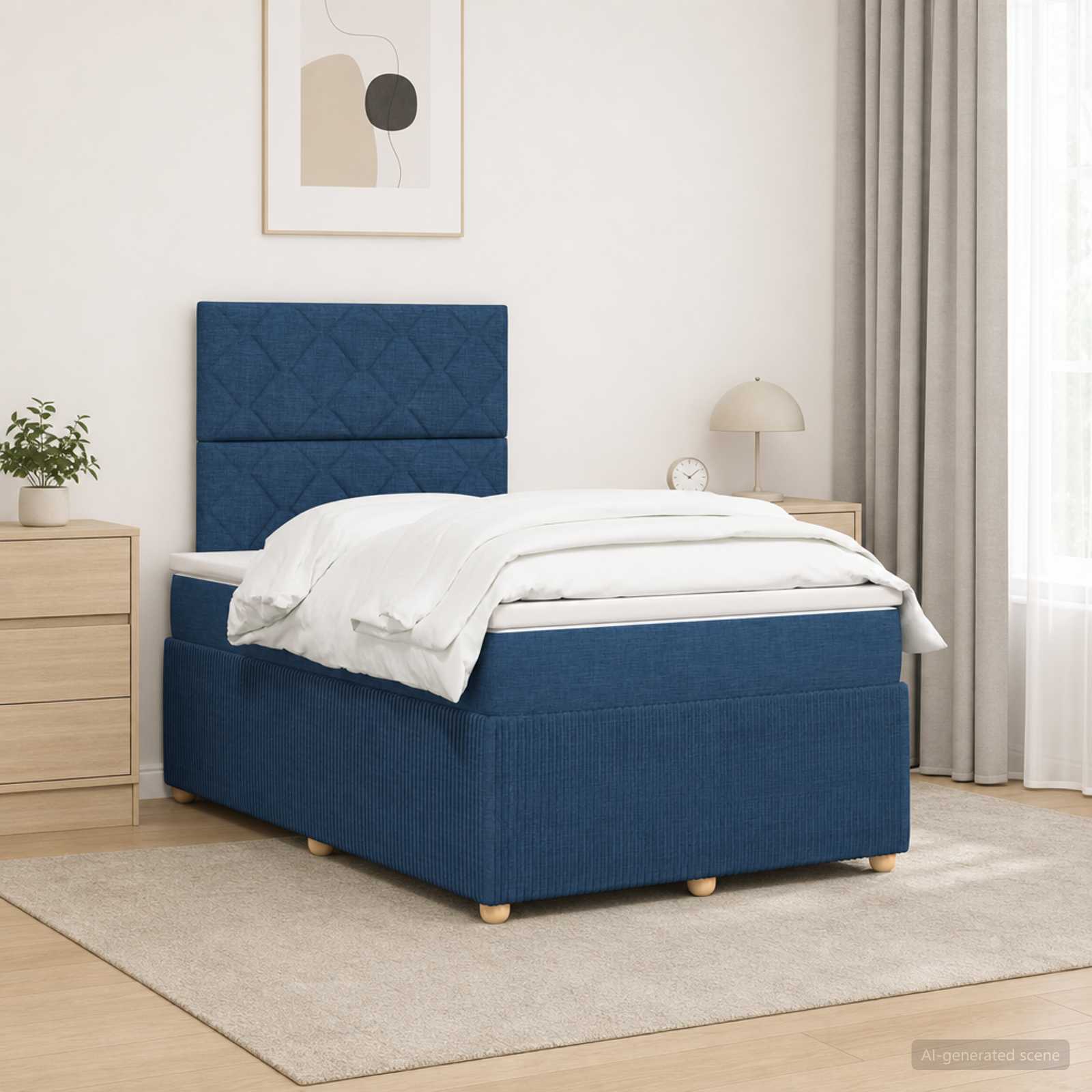 Boxmadras med topmadras med hovedgrde Bl 120 x 190 cm Stof
