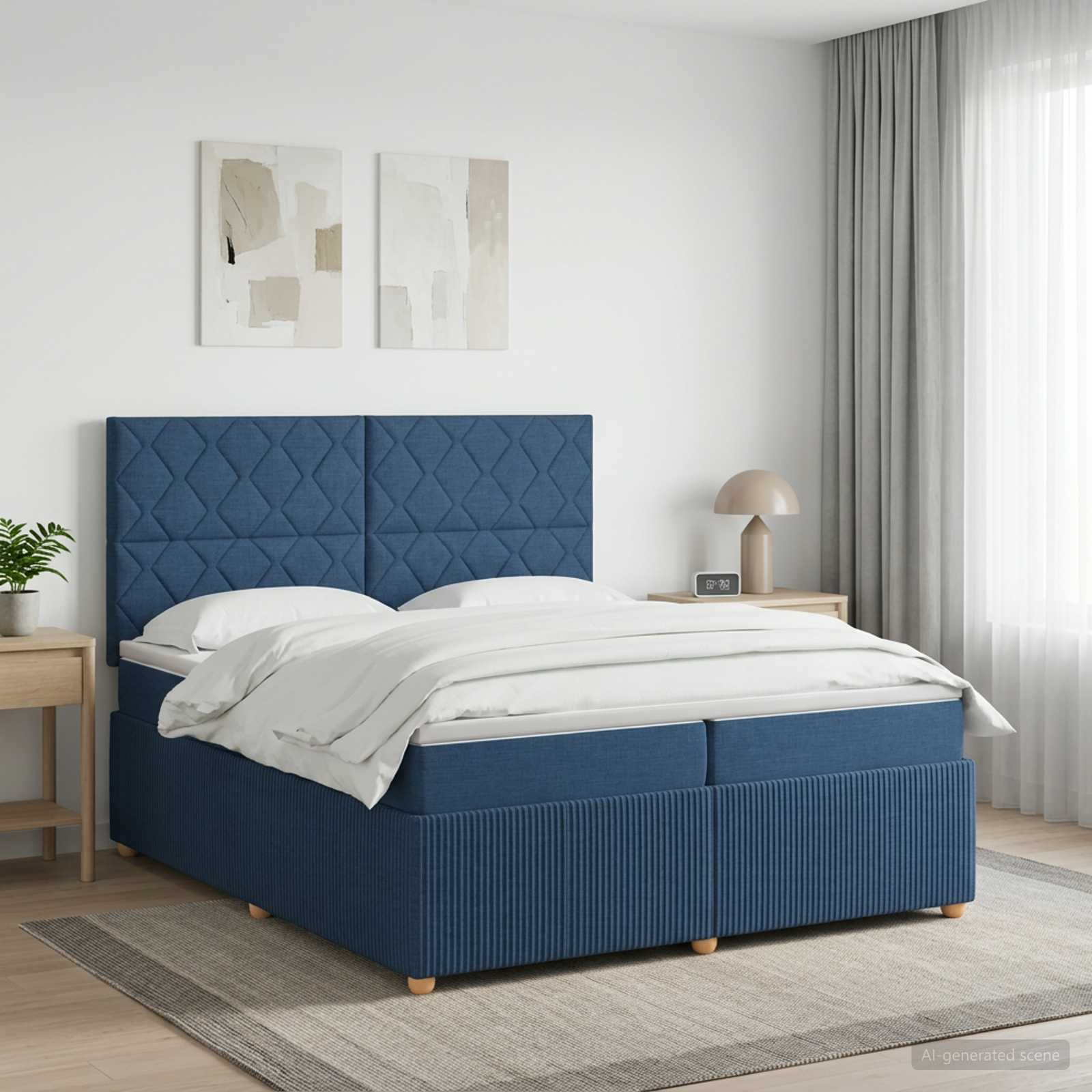 Boxmadras med topmadras med hovedgrde Bl 200 x 200 cm Stof