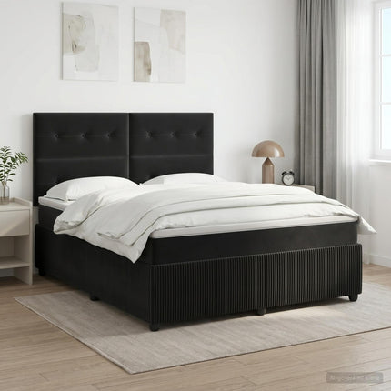 Boxmadras med topmadras med hovedgærde Sort 160 x 200 cm Fløjl