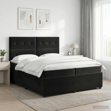 Boxmadras med topmadras med hovedgærde Sort 200 x 200 cm Fløjl