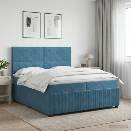 Boxmadras med topmadras med hovedgærde Blå 200 x 200 cm Fløjl
