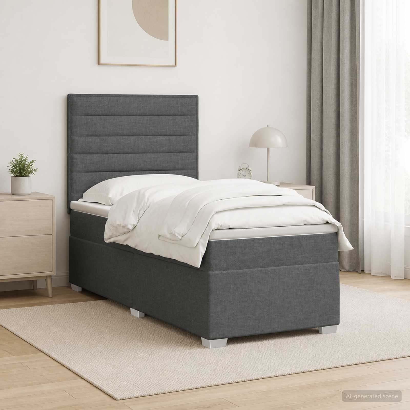 Box Spring Seng med Madras og LED Mrkegr 90 x 190 cm Stof