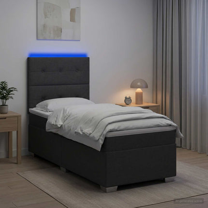 Box Spring Seng med Madras og LED Mørkegrå 90 x 190 cm Stof