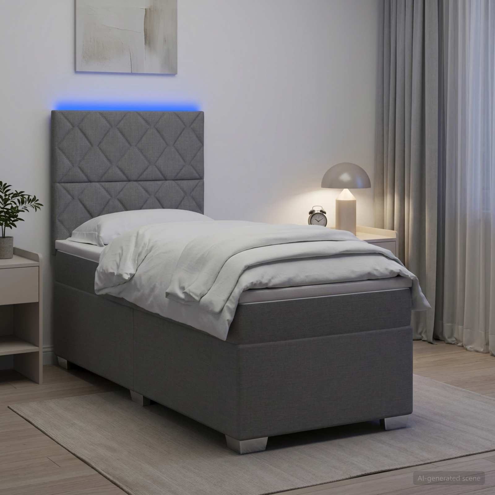 Box Spring Seng med Madras og LED Lysegr 90 x 190 cm Stof