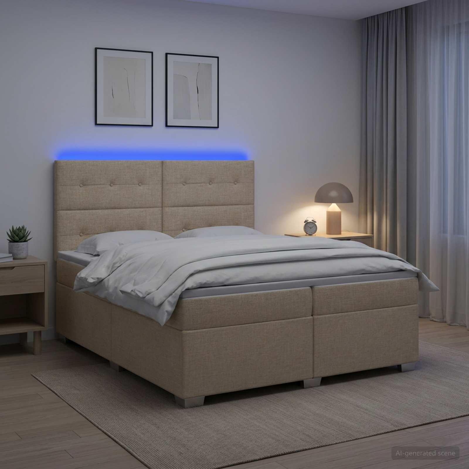 Boxmadras seng med topmadras og LED cremefarvet 200 x 200 cm