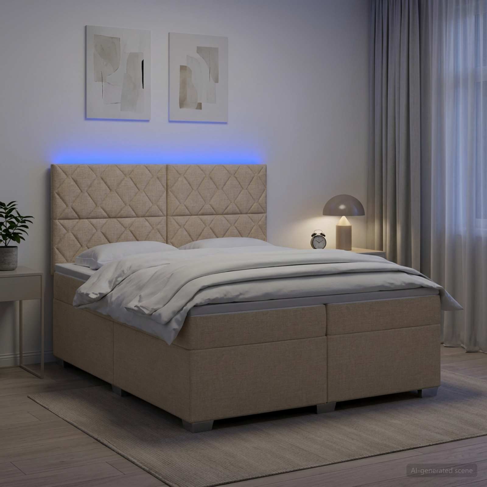 Boksmadras seng med topmadras og LED-lys 200 x 200 cm cremefarvet stof