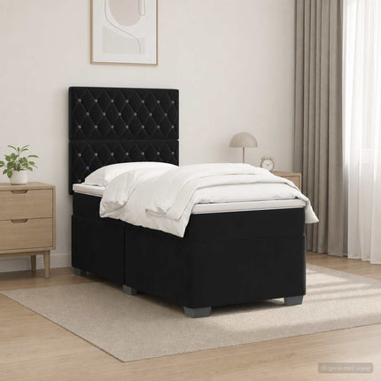 Boxmadras med topmadras med hovedgærde Sort 90 x 200 cm Fløjl