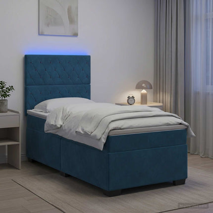 Boxmadras med topmadras med hovedgærde Blå 90 x 200 cm Fløjl