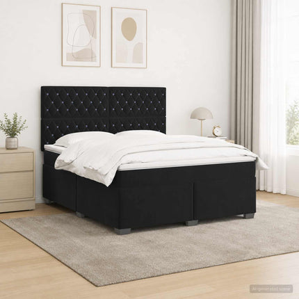 Boxmadras med topmadras med hovedgærde Sort 160 x 200 cm Fløjl