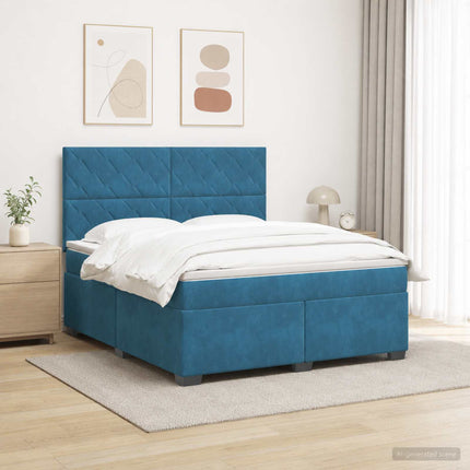 Boxmadras med topmadras med hovedgærde Blå 180 x 200 cm Fløjl