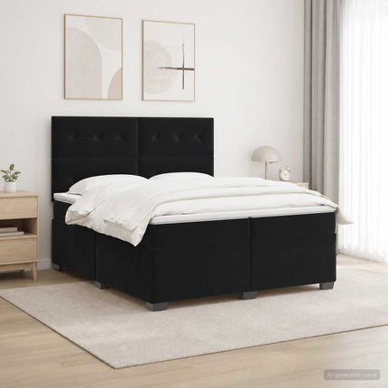 Boxmadras med topmadras med hovedgærde Sort 200 x 200 cm Fløjl