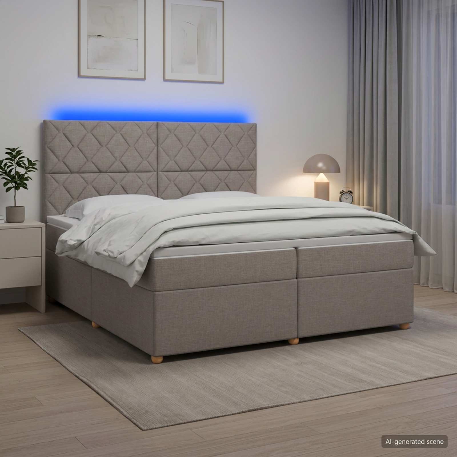 Kontinentalseng med topmadras og LED gråbrun 200 x 200 cm stof