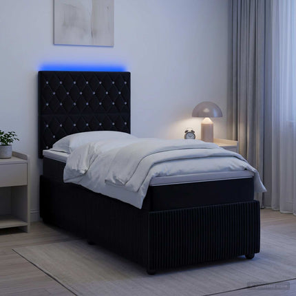 LED boksmadrasseng med madras Sort 90 x 200 cm Fløjl