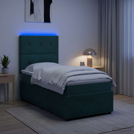 LED boksmadrasseng med madras Mørkegrøn 90 x 190 cm Fløjl