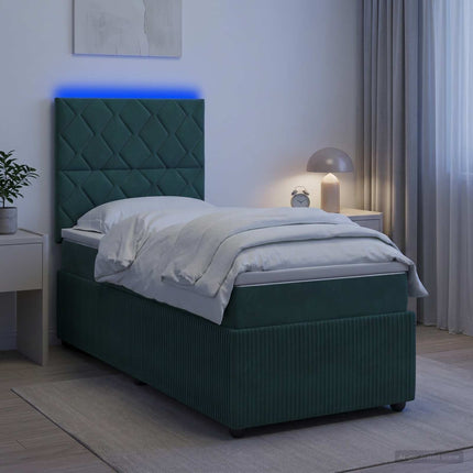 LED boksmadrasseng med madras Mørkegrøn 90 x 190 cm Fløjl