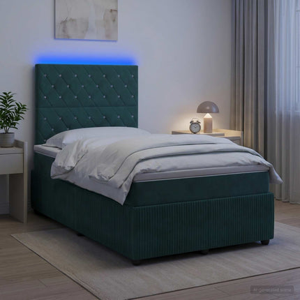 LED boksmadrasseng med madras Mørkegrøn 120 x 200 cm Fløjl