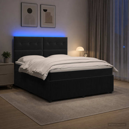 LED boksmadrasseng med madras Sort 180 x 200 cm Fløjl