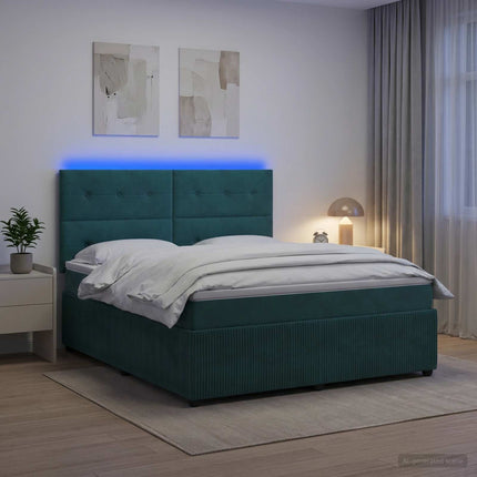 LED boksmadrasseng med madras Mørkegrøn 160 x 200 cm Fløjl