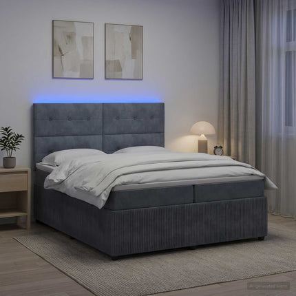 LED boksmadrasseng med madras Mørkegrå 200 x 200 cm Fløjl
